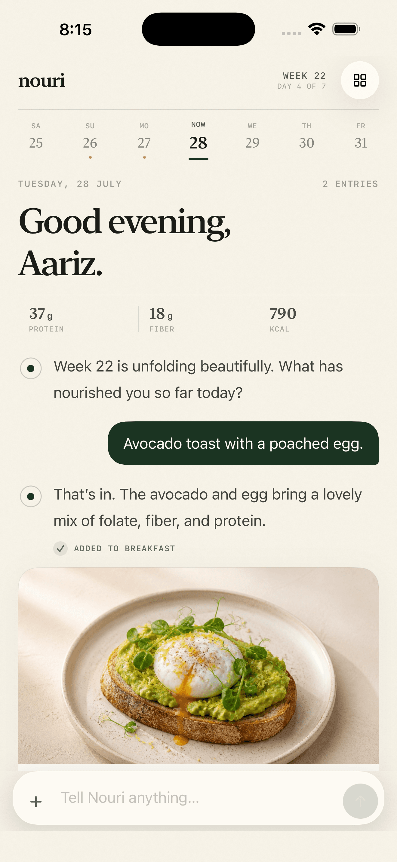 Nouri conversation showing a meal logged naturally with pregnancy-aware guidance