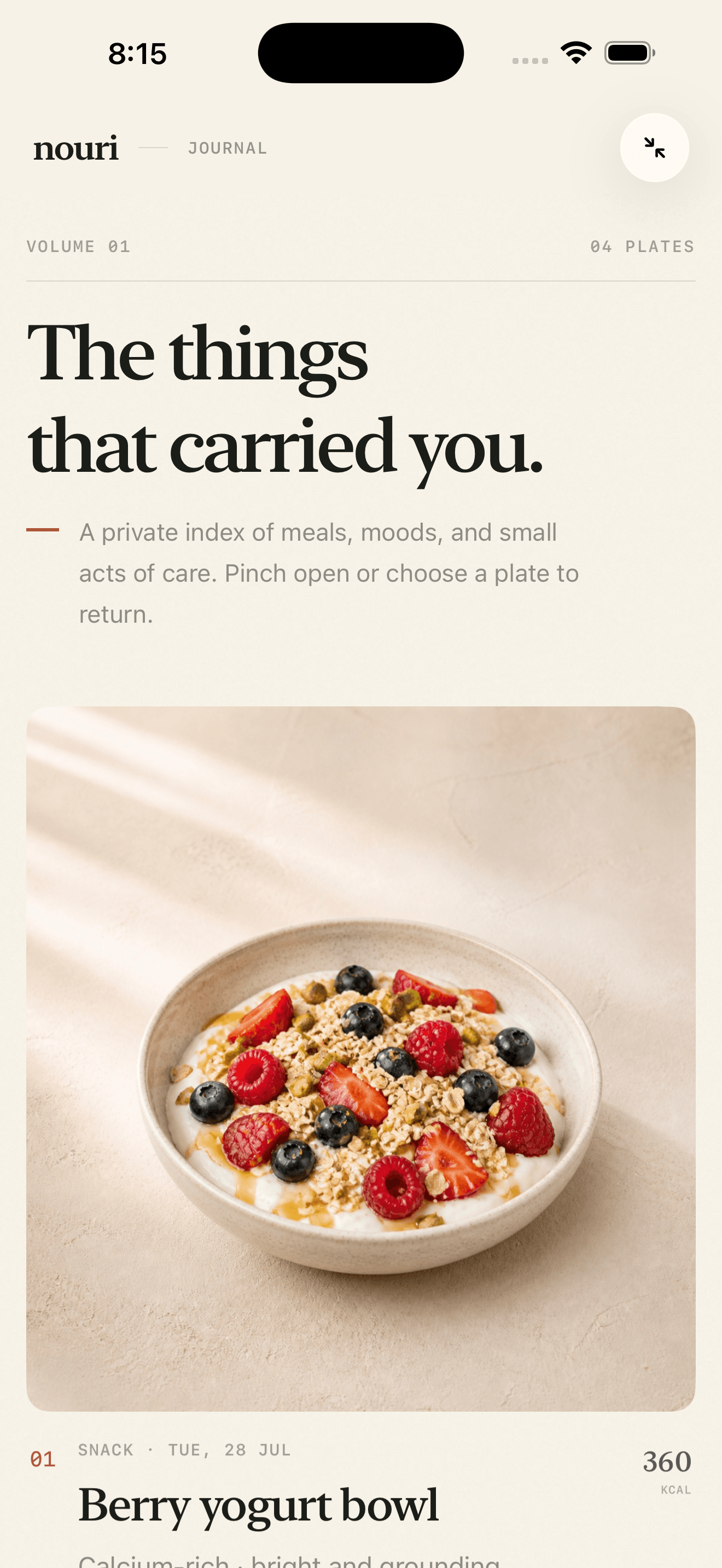 Nouri visual meal journal with an editorial berry yogurt entry